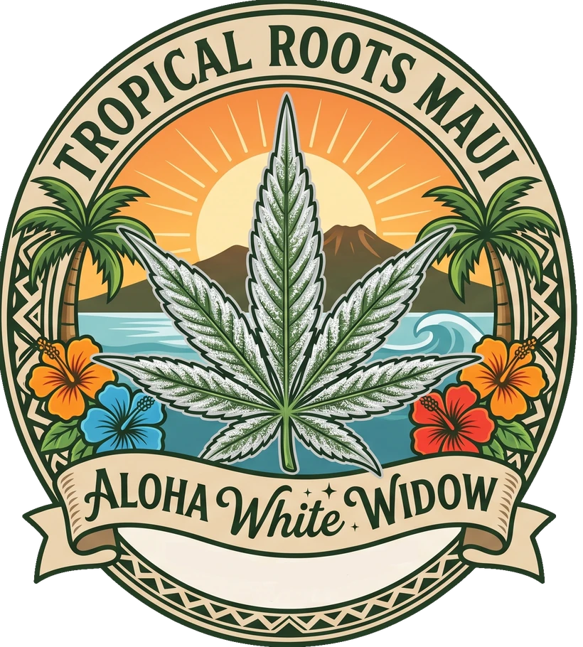 '98 Aloha White Widow crest: a frosted cannabis leaf over a Big Island sunrise, framed by palms and hibiscus on a carved badge reading Tropical Roots Maui