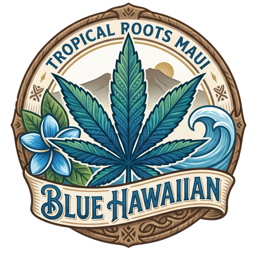 Blue Hawaiian crest: a blue-green cannabis leaf with a plumeria and a breaking wave, ringed by a carved border reading Tropical Roots Maui