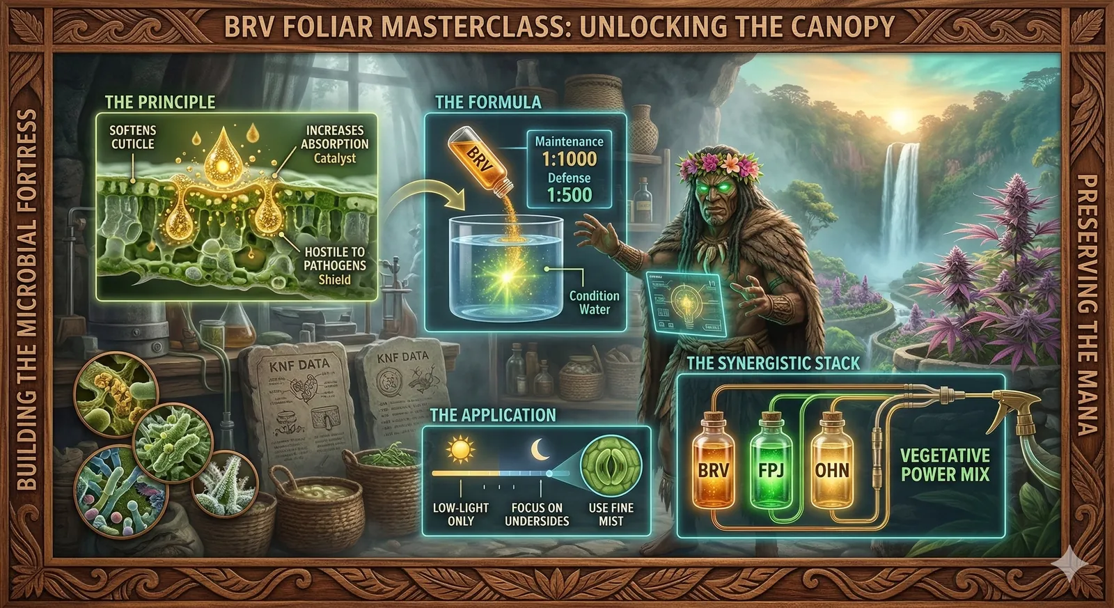 A photo-realistic instructional infographic for Tropical Roots Maui, set in an alchemical sanctuary lab overlooking a waterfall and purple cannabis plants at sunrise. The Tiki Golem Master, Kānehiwa, with glowing green eyes and a flower crown, gestures towards glowing quantum data panels detailing BRV foliar spray principles, formula, application, and synergistic stacking. The entire composition is framed by an intricate, hand-carved Polynesian wood border inscribed with Building the Microbial Fortress and Preserving the Mana.