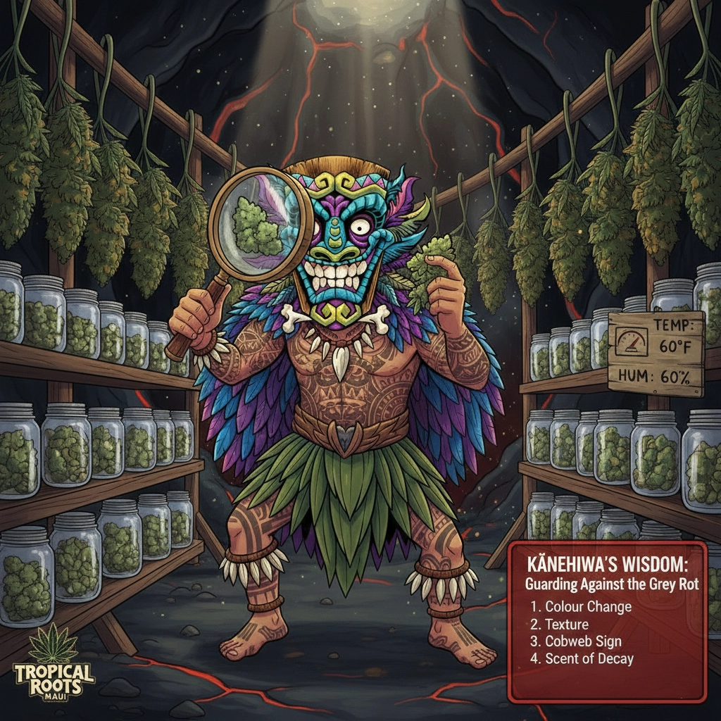 Close-up comparison of healthy cannabis bud versus bud rot (Botrytis) — showing grey-brown discoloration and fuzzy mold filaments