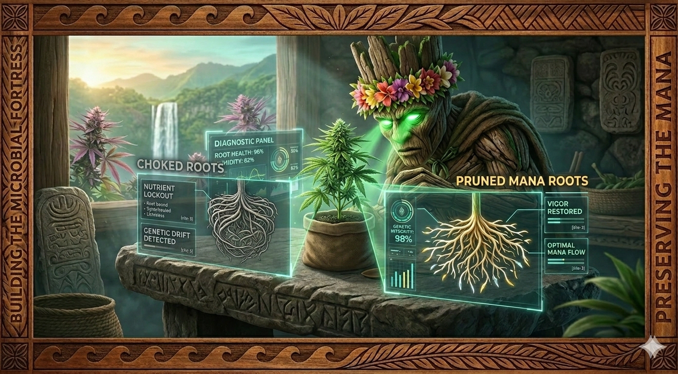 A photo-realistic instructional graphic of Kānehiwa, the Tiki Golem with glowing green eyes, in an alchemical sanctuary. He uses a holographic diagnostic panel to show a side-by-side comparison of cannabis roots. The left side shows grey Choked Roots with nutrient lockout, while the right side shows vibrant gold and white Pruned Mana Roots with restored vigor.
