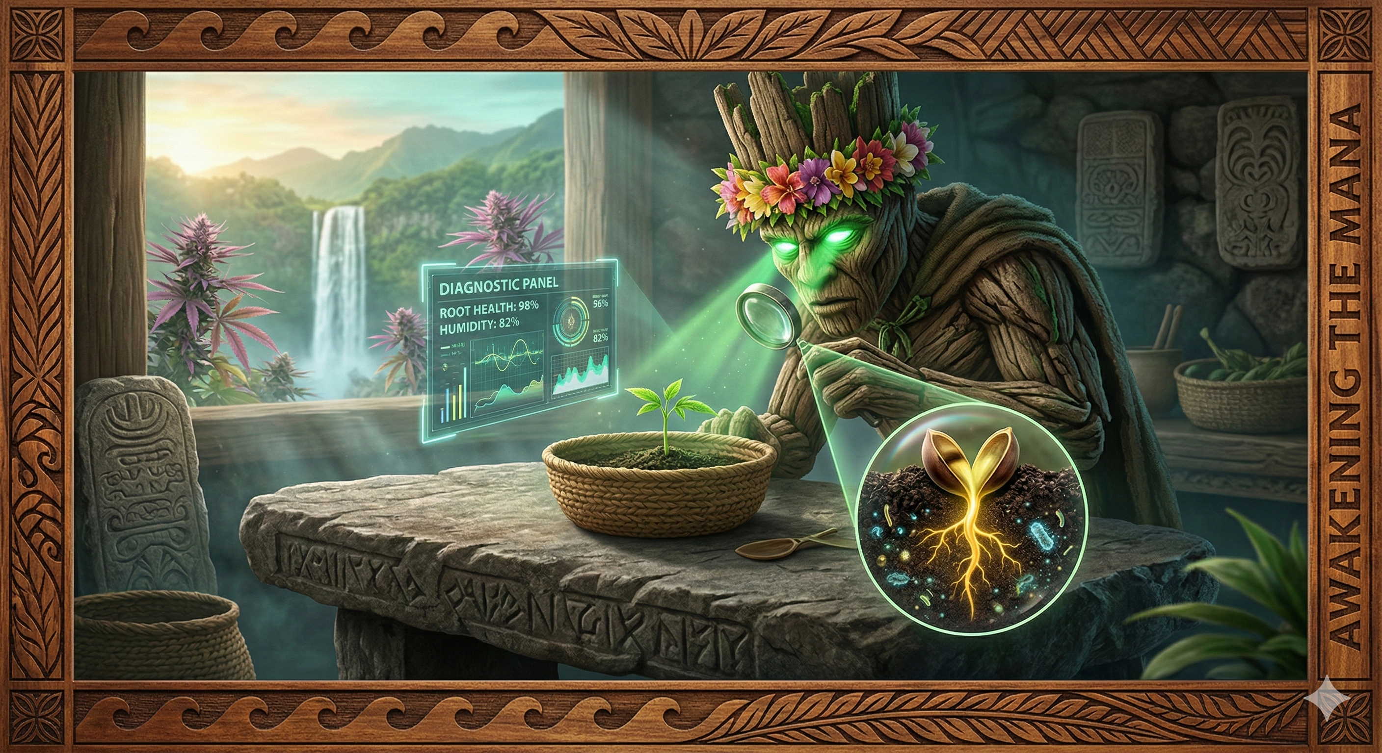 Photo-realistic instructional graphic of Kānehiwa, a Tiki Golem with glowing green eyes, leaning over a stone table to inspect a seedling sprout. A holographic diagnostic panel shows 98% root health and 82% humidity, while a magnification bubble reveals a golden taproot emerging from the seed.