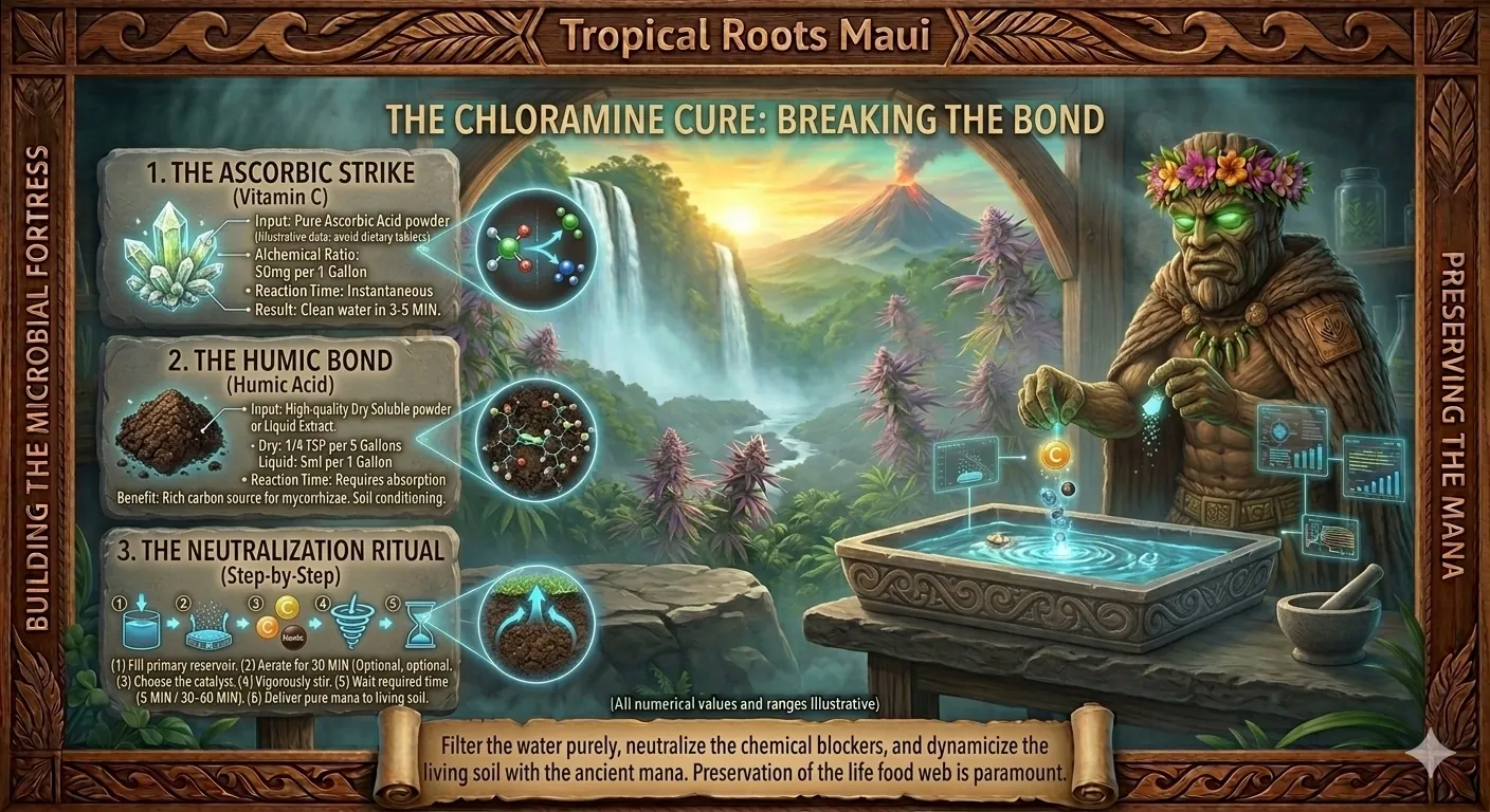 A photo-realistic instructional graphic for Tropical Roots Maui, framed by a hand-carved Koa wood border with the phrases 'BUILDING THE MICROBIAL FORTRESS' and 'PRESERVING THE MANA' carved into the sides. Inside a misty sanctuary, a Tiki Golem character named Kānehiwa, featuring glowing green eyes and a flower crown, drops glowing alchemical catalysts into a carved stone reservoir of water. To the left, three carved stone panels detail the process: 1. The Ascorbic Strike (visualizing Vitamin C splitting chloramine molecules), 2. The Humic Bond (showing Humic Acid binding chemicals to create a carbon source), and 3. The Neutralization Ritual (outlining a step-by-step hydration process). The background features Akaka Falls, vibrant purple cannabis plants, and an active volcanic peak under a golden-teal sunrise.