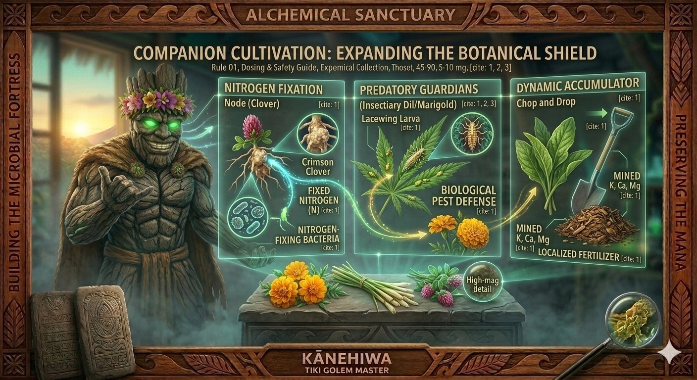 An educational graphic within an intricately carved Koa wood frame showing Kānehiwa, the Tiki Golem Master, and multi-panel holographic guide path. The infographic details 'Nitrogen Fixation (Clover),' 'Predatory Guardians (Dill/Marigold),' and 'Dynamic Accumulators (Chop and Drop)' for natural IPM and plant health, blending laboratory equipment with traditional tools against a Maui jungle and waterfall background. The frame is etched with legible text: 'BUILDING THE MICROBIAL FORTRESS' and 'PRESERVING THE MANA'.