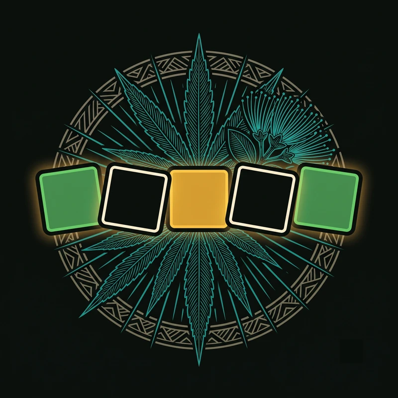 Daily Pakalolo emblem: five puzzle tiles across an engraved cannabis leaf and lehua blossom