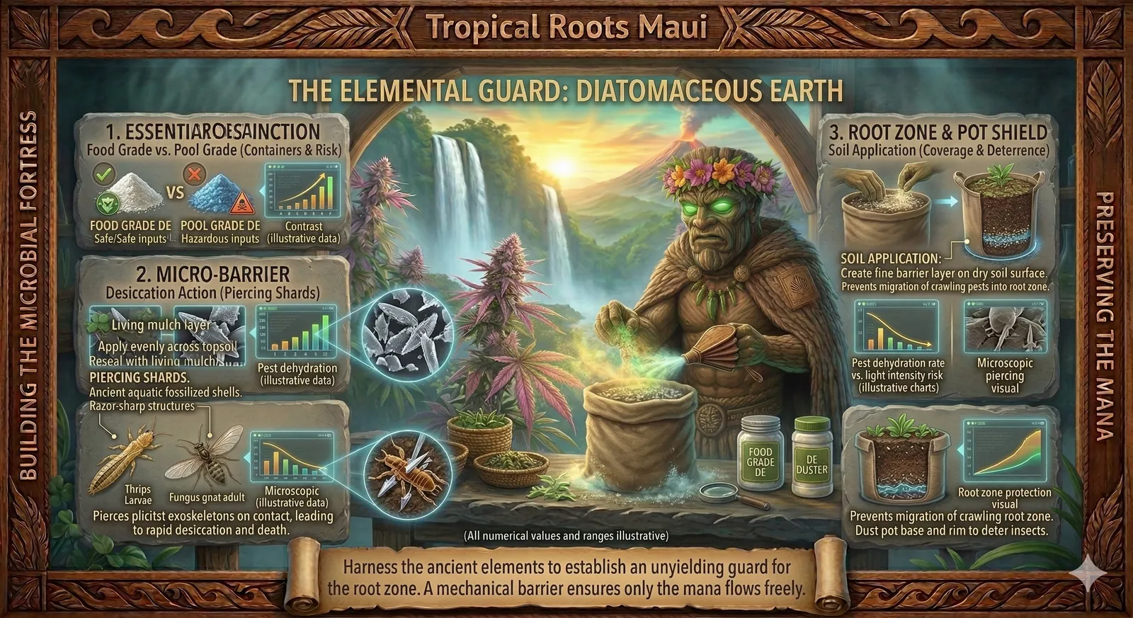 A highly detailed educational masterclass graphic within an intricate Polynesian carved Koa wood frame titled 'WATER ALCHEMY: PURIFYING THE RAIN'. Kānehiwa, the Tiki Golem Master, stands directive in the mist-filled Alchemical Sanctuary lab, guiding a complex holographic purification interface. The three-step protocol details: '1. RAINWATER CATCHMENT BASICS (The Mana Capture)' with non-toxic roof materials and a direct tank visual; '2. DECHLORINATION (Removing the Spirit Blockers)' showing Tap Water and Purified Water neutralization with humic acid/Vitamin C; and '3. MOISTURE STABILIZATION (Maintaining the Living Soil)' with root and graph visuals.