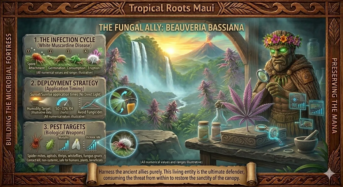 A photo-realistic instructional graphic for Tropical Roots Maui, framed by a hand-carved Koa wood border with the phrases 'BUILDING THE MICROBIAL FORTRESS' and 'PRESERVING THE MANA' carved into the sides. Inside a misty sanctuary, a Tiki Golem character named Kānehiwa, featuring glowing green eyes and a flower crown, uses a magnifying glass to inspect a large purple cannabis leaf resting on a stone prep table. To the left, three carved stone panels detail the process: 1. The Infection Cycle (illustrating the four stages of White Muscardine Disease consuming a mite), 2. Deployment Strategy (showing application timing, humidity targets, and warnings against fungicides), and 3. Pest Targets (showing biological targets like spider mites, aphids, and whiteflies). The background features Akaka Falls, vibrant purple cannabis plants, and an active volcanic peak under a golden-teal sunrise.