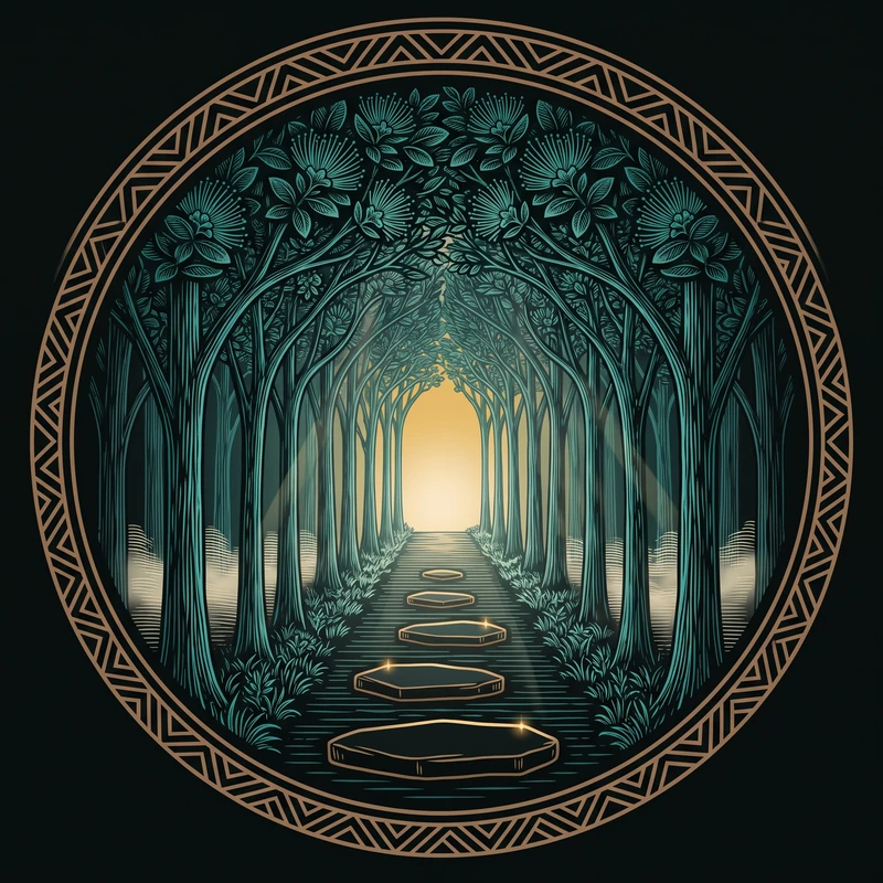 The Sacred Grove Walk emblem: a lit path of five stepping stones leading through an arch of ohia lehua toward a golden light