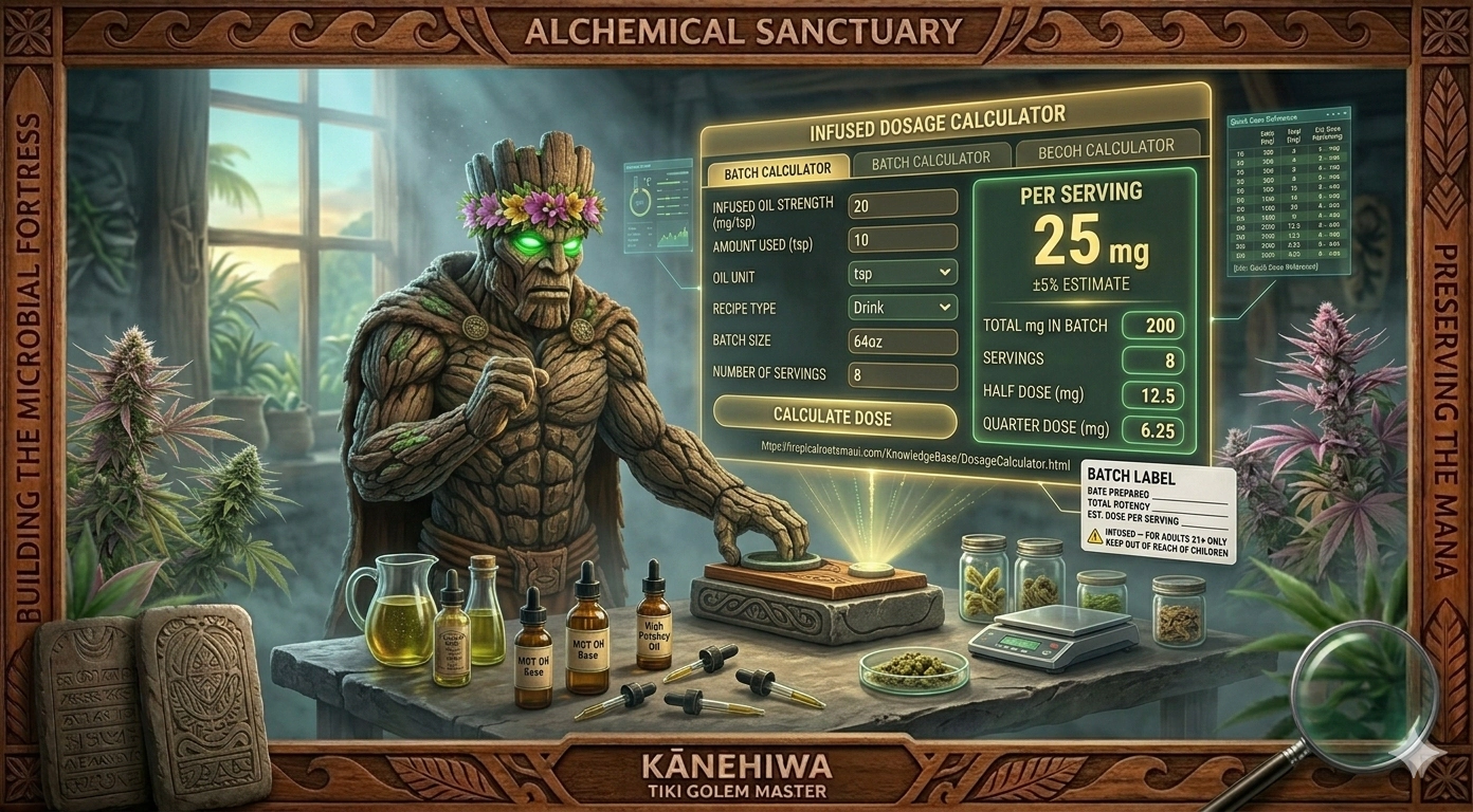 A photo-realistic instructional graphic with Kānehiwa directing a sophisticated, holographic infusion dosage calculator in an alchemical lab. Labels for batch calculator, oil strength, and dosage reference are visible, with example input and output values for infused mg and servings.