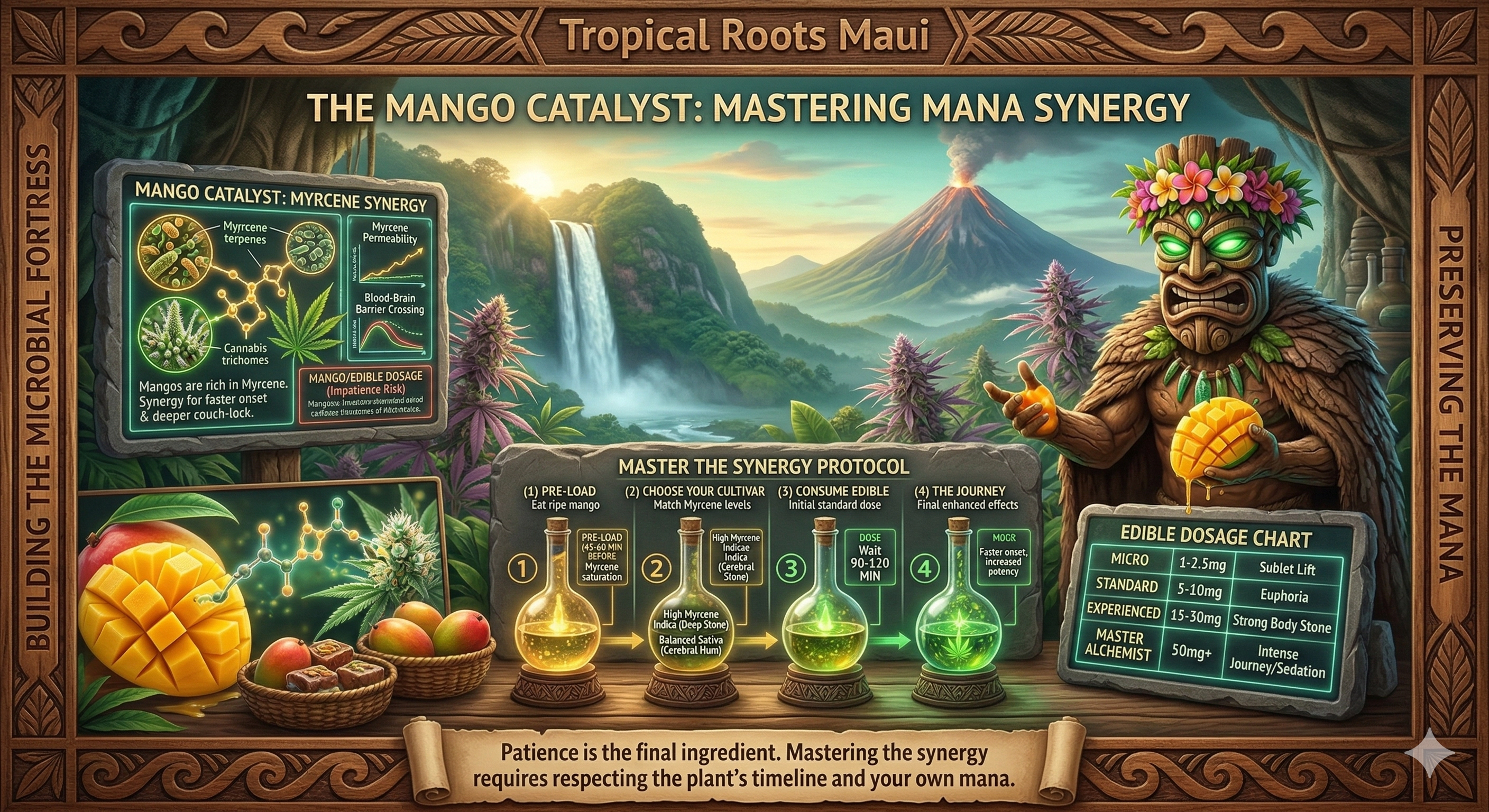 An educational graphic with Kānehiwa, the Tiki Golem Master, presenting a holographic guide to mango-cannabis synergy. Panels illustrate the Myrcene terpene bridge, the 45-minute timing protocol, and strain pairing profiles alongside ripe Maui mangos.