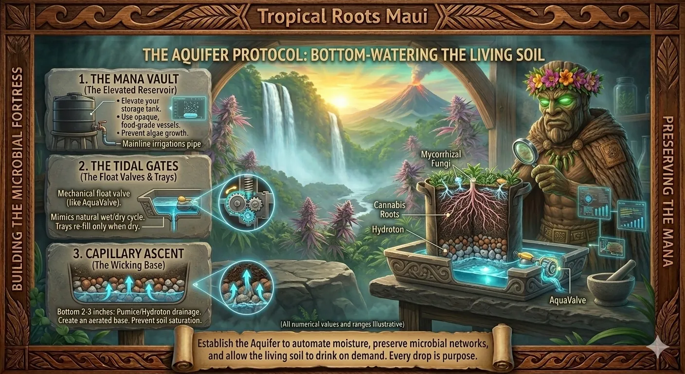 A photo-realistic instructional graphic for Tropical Roots Maui, framed by a hand-carved Koa wood border with the phrases 'BUILDING THE MICROBIAL FORTRESS' and 'PRESERVING THE MANA' carved into the sides. Inside a misty sanctuary, a Tiki Golem character with glowing green eyes and a flower crown uses a magnifying glass to inspect a cross-section of a fabric pot sitting in a water tray. The tray features a mechanical AquaValve float valve. The pot's cross-section shows water wicking up through a bottom hydroton drainage layer into dense living soil, highlighting cannabis roots and glowing mycorrhizal fungi networks. To the left, three carved stone panels detail the process: 1. The Mana Vault (showing an elevated reservoir), 2. The Tidal Gates (showing the mechanical float valve action), and 3. Capillary Ascent (showing the wicking base). The background features Akaka Falls and an active volcanic peak under a golden-teal sunrise.