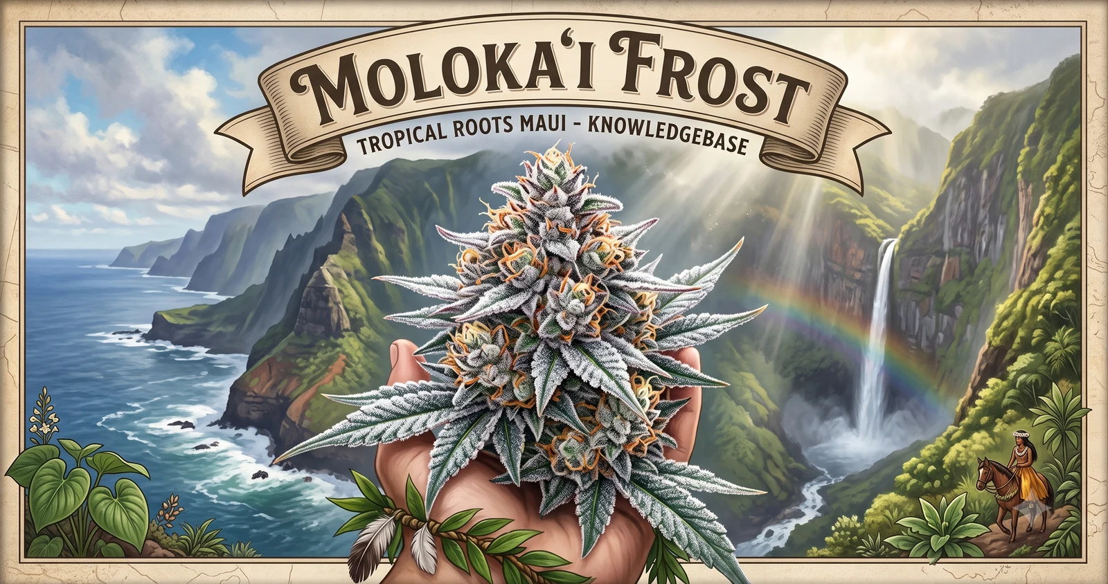 Molokaʻi Frost: a resin-heavy bud held up against the Molokaʻi sea cliffs, with a waterfall and rainbow beyond