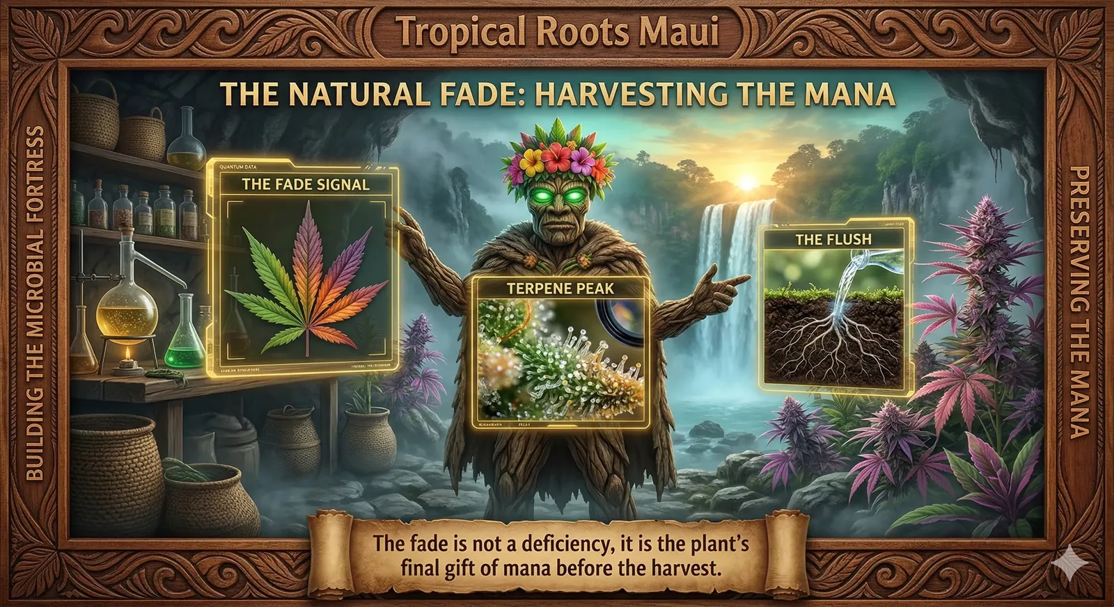 A photo-realistic instructional graphic for Tropical Roots Maui featuring Kānehiwa, a Tiki Golem Master with glowing green eyes and a flower crown. He gestures toward three glowing holographic data panels titled 'The Fade Signal,' 'Terpene Peak,' and 'The Flush,' set within a misty alchemical lab sanctuary. The scene overlooks a Maui waterfall under a golden-teal sunrise with purple cannabis plants. The entire image is framed by an intricate, hand-carved Koa wood border with the phrases 'Building the Microbial Fortress' and 'Preserving the Mana.'