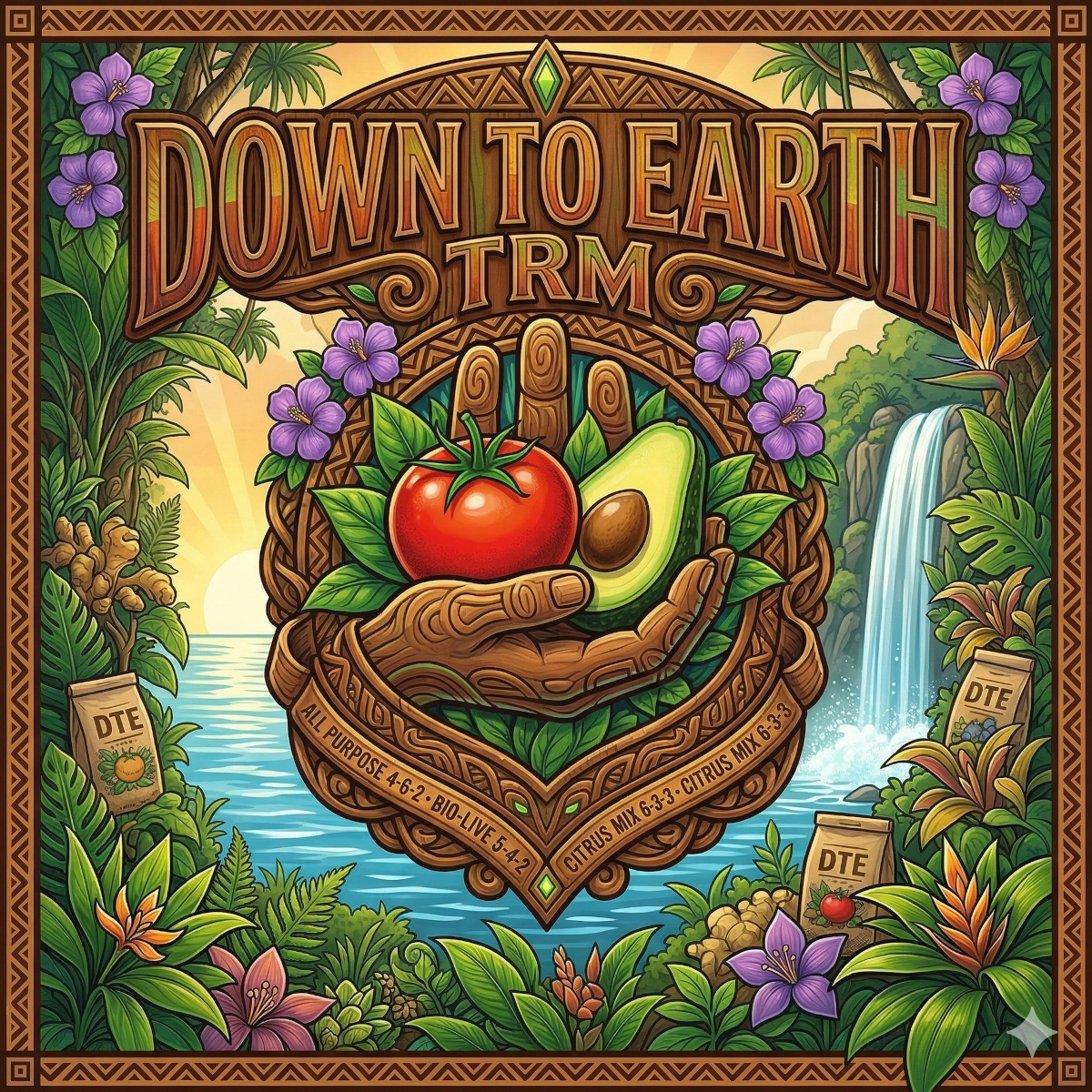 A high-quality brand collaboration graphic featuring Down To Earth (DTE) and Tropical Roots Maui. An illustrative Tiki hand rises from the earth, cradling a ripe tomato and avocado to symbolize organic vitality. The scene includes bags of DTE Bio-Live, Fish Bone Meal, and Bat Guano. Polynesian-style wood-carved borders frame a tropical coastal background, emphasizing a soil-first philosophy for premium organic harvests.