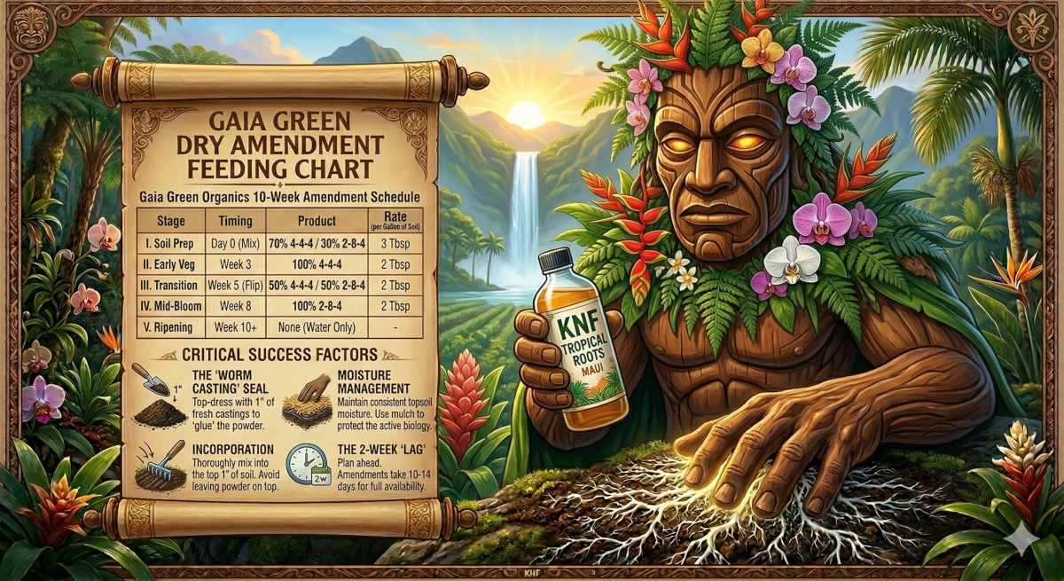 A detailed educational infographic for Gaia Green Organics set in the Tropical Roots Maui aesthetic. The Tiki Guardian, Kānehiwa, holds a 10-week dry amendment feeding schedule on a large parchment scroll. The chart details ratios for 4-4-4 All Purpose and 2-8-4 Power Bloom. Side panels illustrate critical success factors: The Worm Casting Seal, Moisture Management, and The 2-Week Lag. The background features a vibrant Hawaiian jungle and a distant waterfall at sunset.