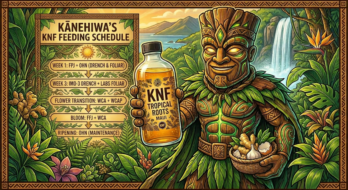 A vibrant, tropical-themed illustration featuring the character Kānehiwa, a wooden tiki-style deity with glowing amber eyes and intricate carvings. He stands in a lush Maui landscape with a waterfall and volcanic mountains in the background. In his right hand, he holds a glass bottle labeled KNF Tropical Roots Maui, and in his left, a woven basket containing ginger, garlic, and eggshells. To the left, a decorative wooden parchment displays Kānehiwa's KNF Feeding Schedule, detailing weekly instructions for FPJ, OHN, IMO-3, LabS, WCA, WCAP, and FFJ. The scene is framed by exotic Hawaiian flora like bird of paradise and ginger flowers, using warm golden and earthy green tones.