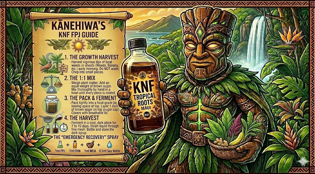 A high-quality botanical illustration of Kānehiwa in a pristine Maui landscape. He holds a glass bottle of KNF syrup and a basket filled with fresh green plant tips, banana leaves, and ginger. To the left, a large parchment scroll titled Kānehiwa's KNF FPJ Guide details the 4-step process of harvesting growth tips, mixing with sugar, fermenting, and harvesting the final syrup. The Emergency Recovery Spray recipe is at the bottom. The scene is lush and clean, featuring bird of paradise and ginger flowers without any insects or microbes.
