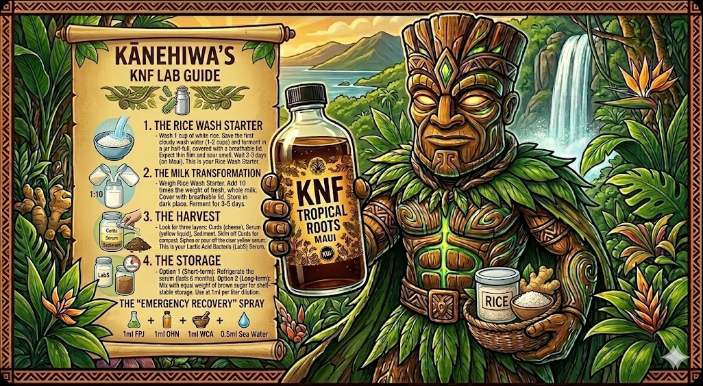 A high-quality, polished illustration featuring the character Kānehiwa, a wooden tiki-style deity with glowing eyes, standing in a lush, clean Maui landscape. To his left, a large parchment scroll titled Kānehiwa's KNF Lab Guide provides a 4-step infographic for making Lactic Acid Bacteria (LabS). The steps illustrate the rice wash starter, the 1:10 milk transformation, harvesting the serum from curds, and storage options. At the bottom of the scroll, an Emergency Recovery Spray recipe is listed with icons for FPJ, OHN, WCA, and Sea Water. Kānehiwa holds a glass bottle of KNF serum and a woven basket containing a jar of rice, a bowl of cooked rice, and fresh ginger. The scene is free of insects and microbes, focusing on a sanitized, professional botanical aesthetic with vibrant Hawaiian flora.