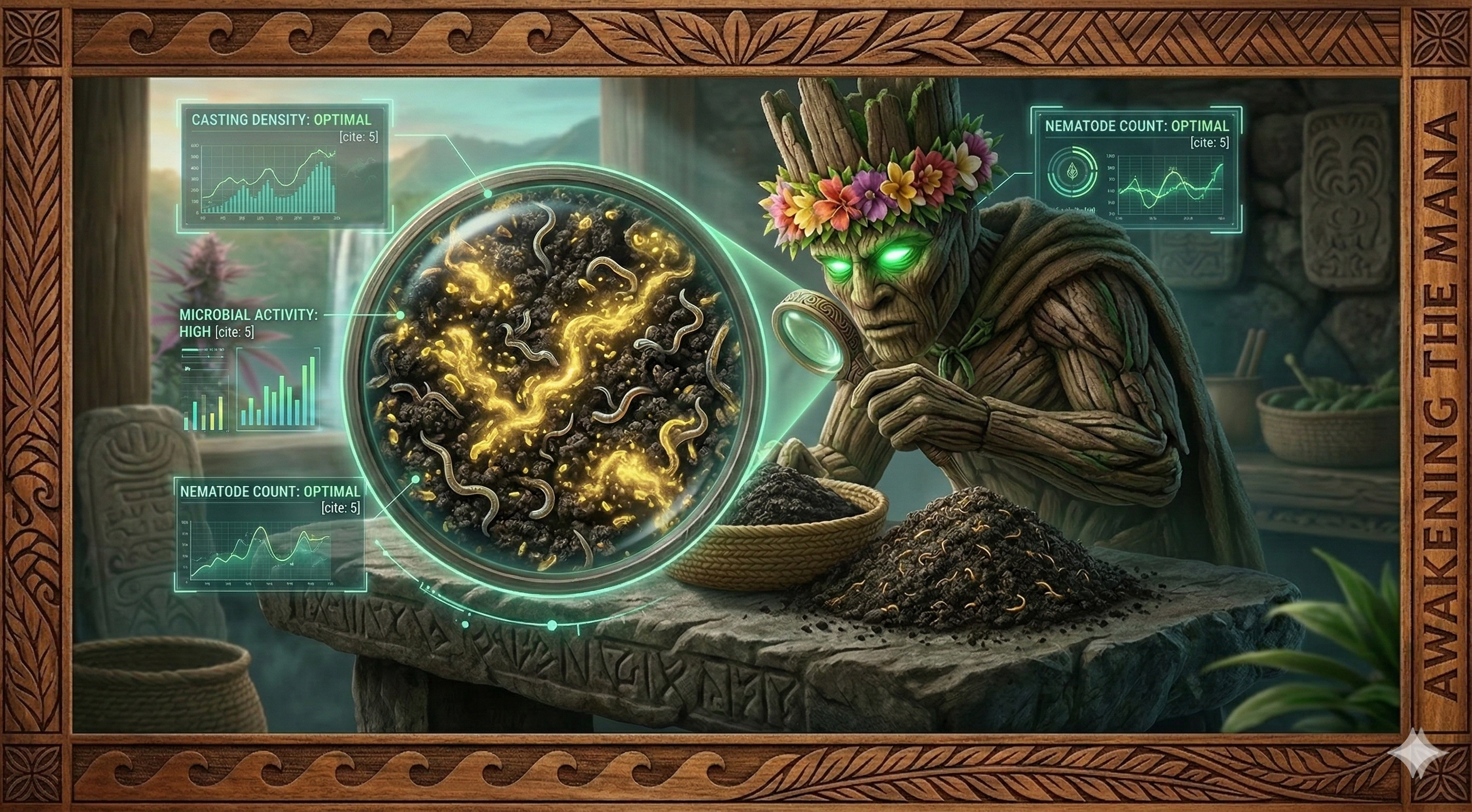 A photo-realistic instructional graphic featuring Kānehiwa, the Tiki Golem Master with glowing green eyes, in the Alchemical Sanctuary. He uses a magnifying loupe to inspect Black Gold worm castings, revealing glowing golden microbes and beneficial nematodes within the dark soil. Holographic diagnostic panels display real-time data on microbial activity and casting density.