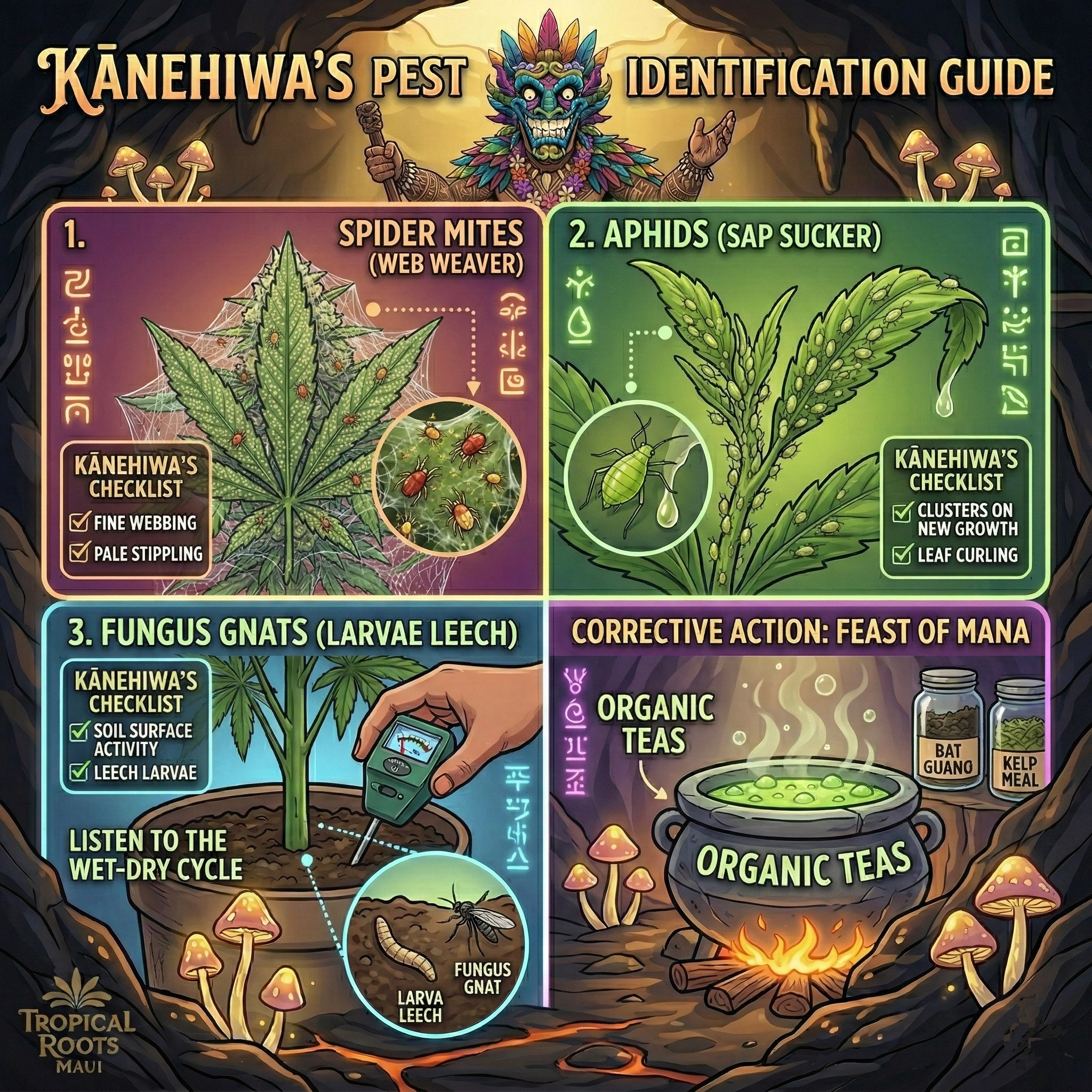 Kānehiwa's Pest Identification Guide — showing visual examples of Spider Mites, Aphids, and Fungus Gnats on cannabis plants