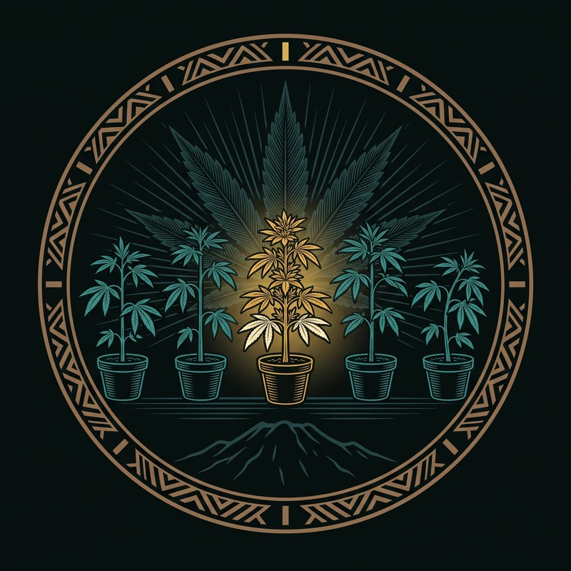 Pheno Hunt emblem: a row of five cannabis plants, the centre one gold and haloed, ringed by a tapa border