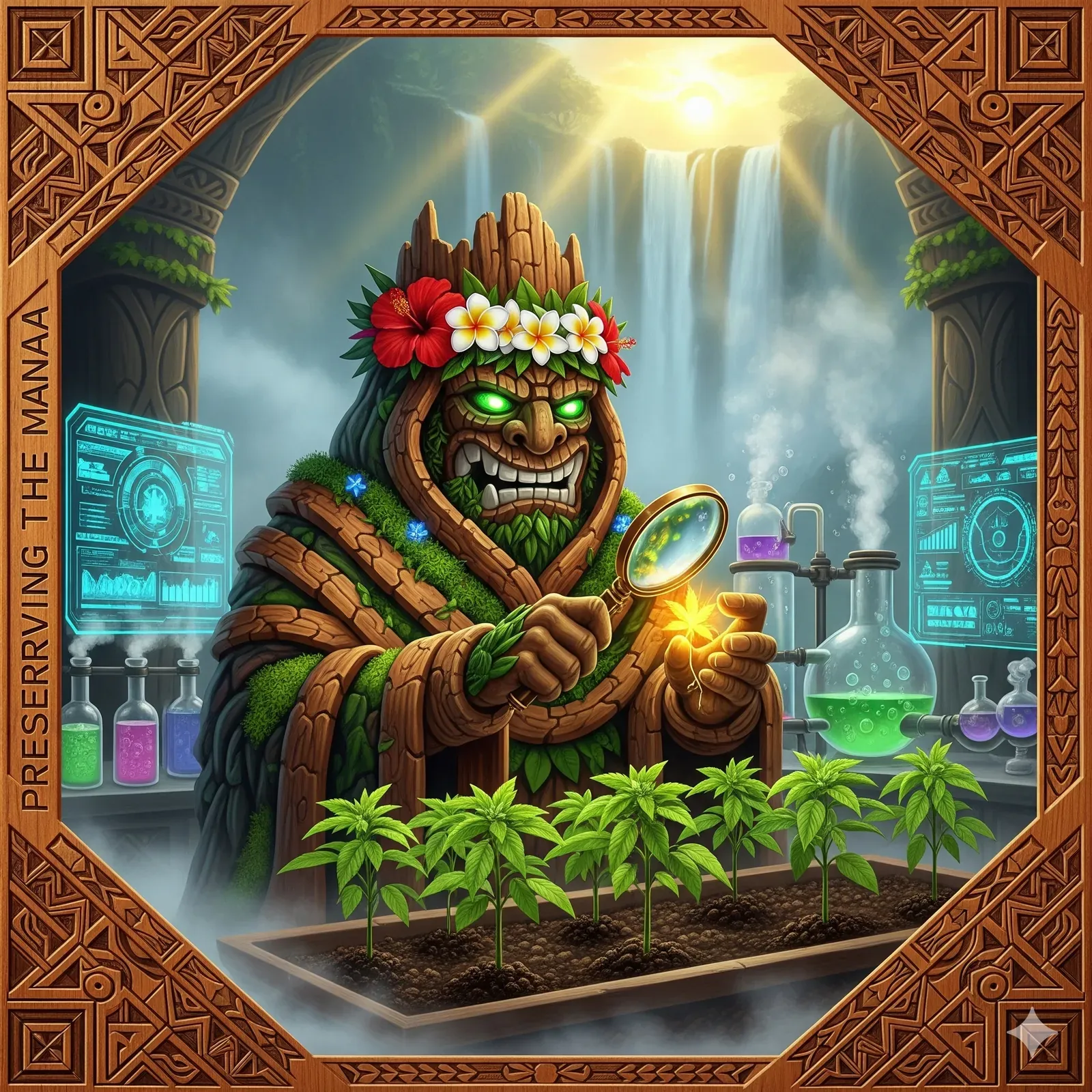 A Tiki Golem Master named Kānehiwa with glowing green eyes and a flower crown, inspecting cannabis seedlings in a futuristic Polynesian lab. One seedling glows golden under a magnifying glass. The scene is framed by hand-carved Koa wood with the text 'PRESERVING THE MANA' and set against a tropical waterfall sunrise.