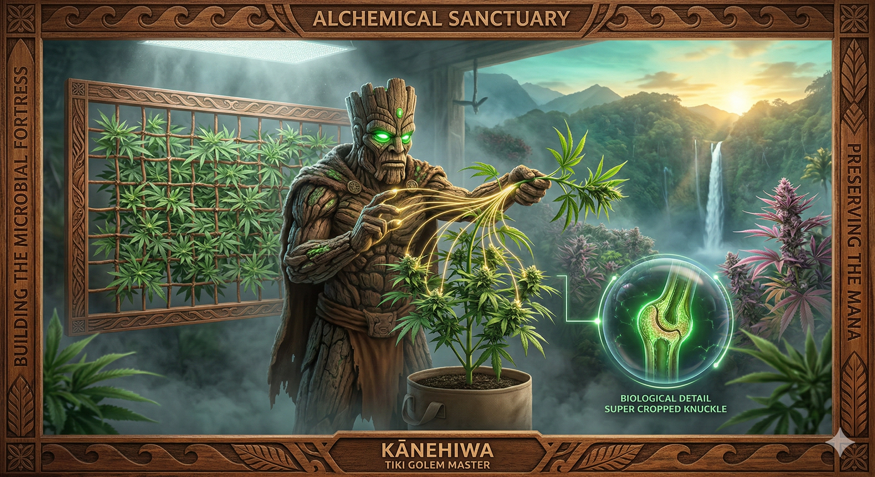 A photo-realistic instructional graphic showing a Tiki Golem master demonstrating super cropping and Scrog techniques. Glowing lines visualize auxin redistribution in a cannabis plant, with a biological detail bubble of a healed stem knuckle.