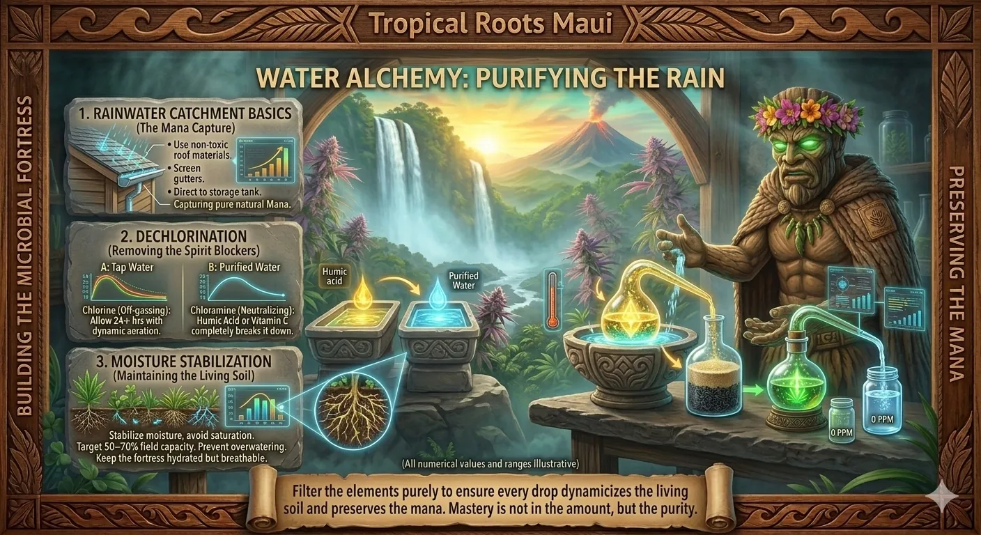 A photorealistic masterclass graphic within an intricate Polynesian carved Koa wood frame, titled 'WATER ALCHEMY: PURIFYING THE RAIN'. Kānehiwa, the Tiki Golem Master, stands directive in the 'Alchemical Sanctuary' lab, guiding a complex holographic guide path for water purification. The infographic details '1. RAINWATER CATCHMENT BASICS (The Mana Capture)' with a roof and tank visual; '2. DECHLORINATION (Removing the Spirit Blockers)' with humic acid/Vitamin C neutralization visuals; '3. MOISTURE STABILIZATION (Maintaining the Living Soil)' with root and graph visuals. Background shows Akaka Falls under tropical sunrise.