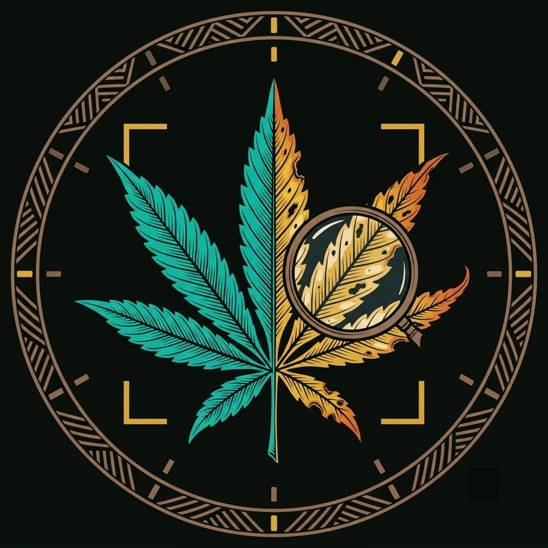 Read the Mana emblem: a cannabis leaf split down the middle, one half healthy teal and the other yellowing and necrotic, examined through a magnifying lens inside a tapa patterned ring with gold corner brackets