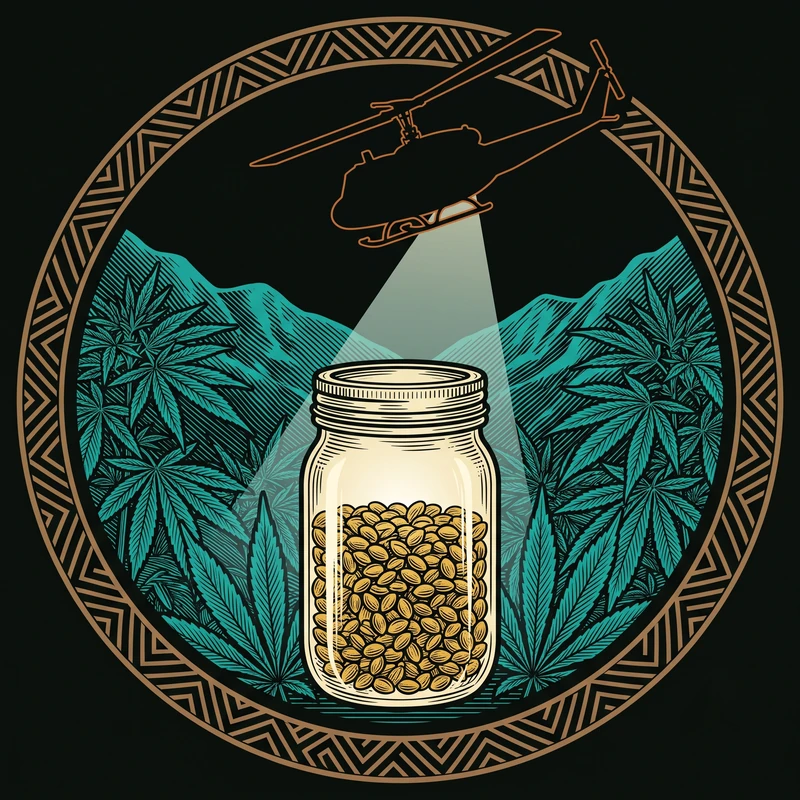 Green Harvest Seed Saver emblem: a jar of seeds under a helicopter searchlight, ringed by cannabis leaves and a broken tapa border