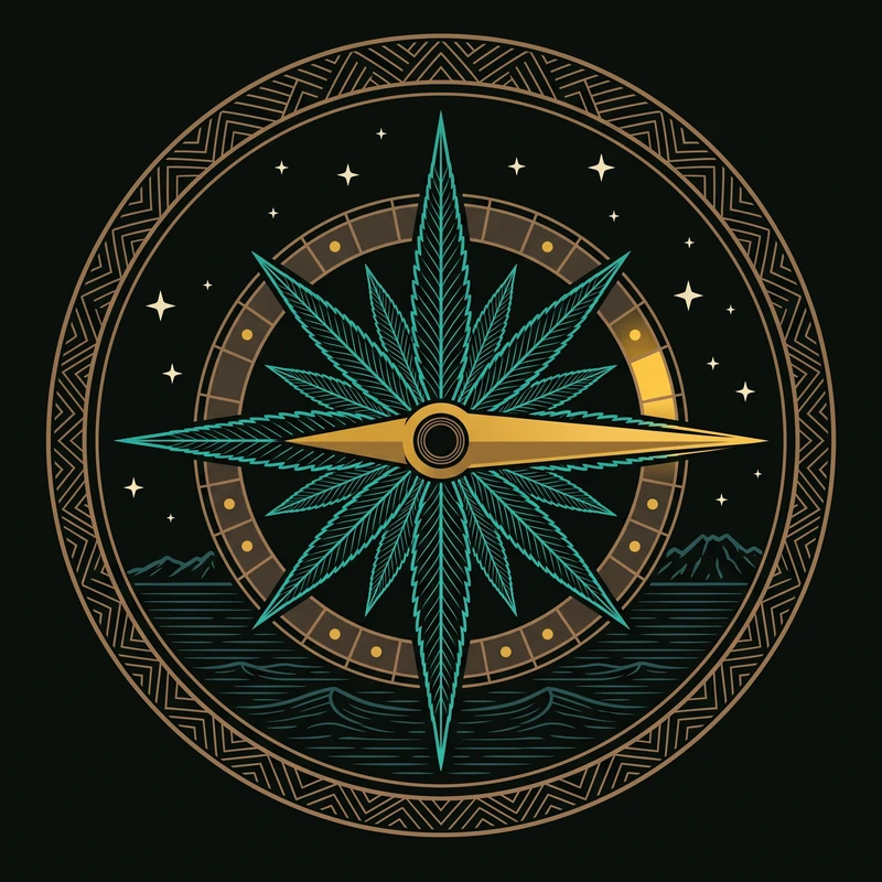 Strain Match emblem: a compass rose of cannabis leaves with a gold needle pointing to a lit heading