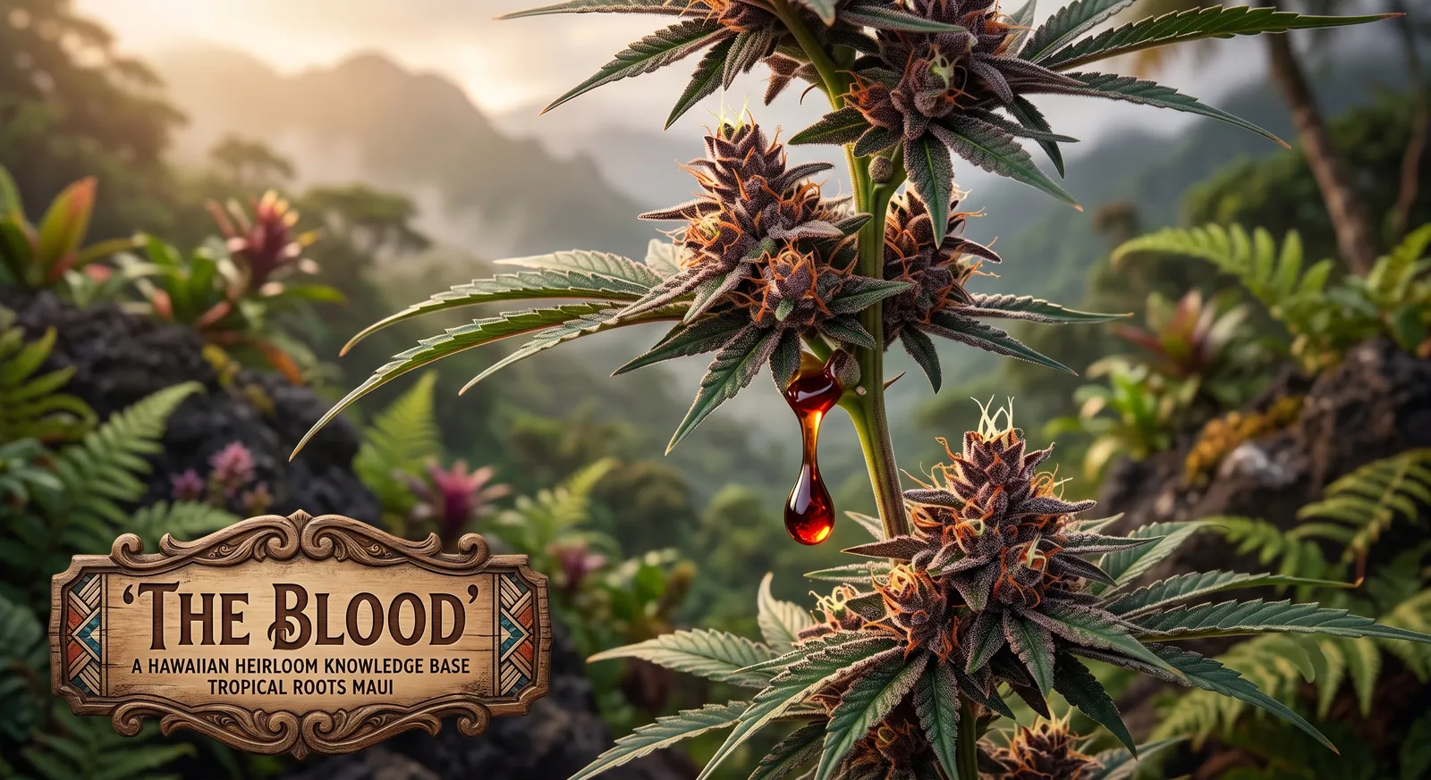 The Blood: the crimson Hawaiian bloodline phenotype, red veins running the stem of an island sativa