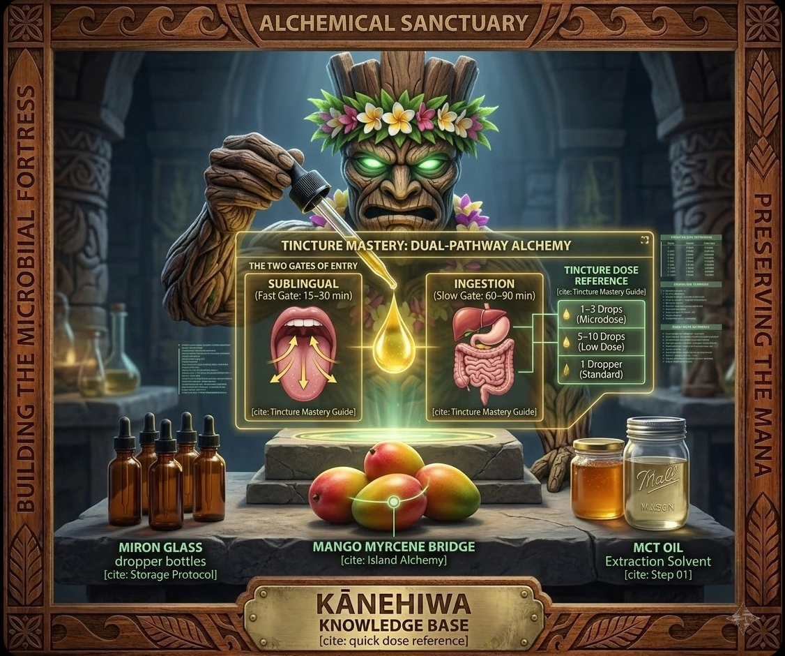 An educational graphic with Kānehiwa, the Tiki Golem Master, directing a sophisticated holographic guide explaining cannabis tinctures. Panels illustrate the 'Fast Gate' sublingual pathway and 'Slow Gate' ingestion pathway. The lab table features amber dropper bottles, MCT oil, local honey, and fresh Maui mangoes.