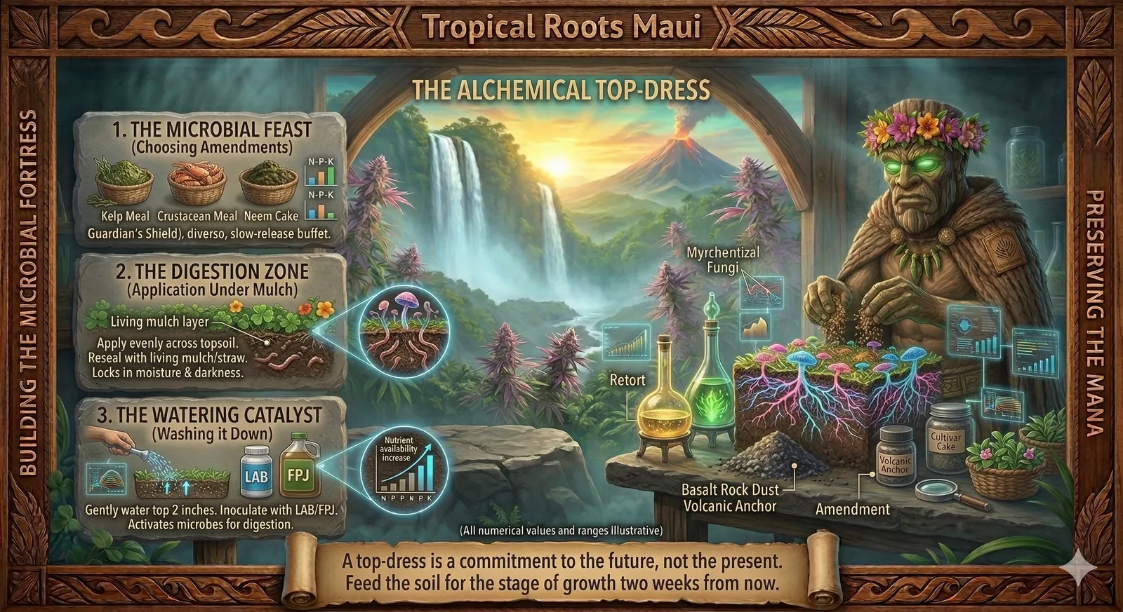 A photo-realistic instructional graphic for Tropical Roots Maui, framed by a hand-carved Koa wood border with the phrases 'BUILDING THE MICROBIAL FORTRESS' and 'PRESERVING THE MANA' carved into the sides. Inside a misty sanctuary, a Tiki Golem character with glowing green eyes and a flower crown is gently applying dry soil amendments to a cross-section block of living soil featuring glowing pink and blue mycorrhizal fungi and mushrooms. To the left, three carved stone panels detail the process: 1. The Microbial Feast (showing baskets of Kelp Meal, Crustacean Meal, and Neem Cake with N-P-K charts), 2. The Digestion Zone (showing application under a living mulch layer with earthworms), and 3. The Watering Catalyst (showing a watering can alongside LAB and FPJ bottles). Glowing alchemical glass retorts sit on the prep table alongside jars of Basalt Rock Dust. The background features Akaka Falls, dynamic cannabis plants, and an active volcanic peak under a golden-teal sunrise.