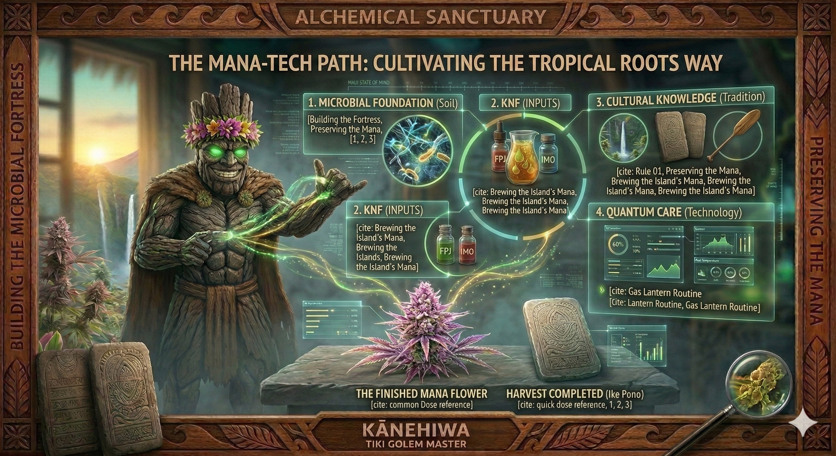 Kānehiwa sitting by a jungle waterfall on Maui and reading 'Aina's Ancient Wisdom' surrounded by lush tropical plants.