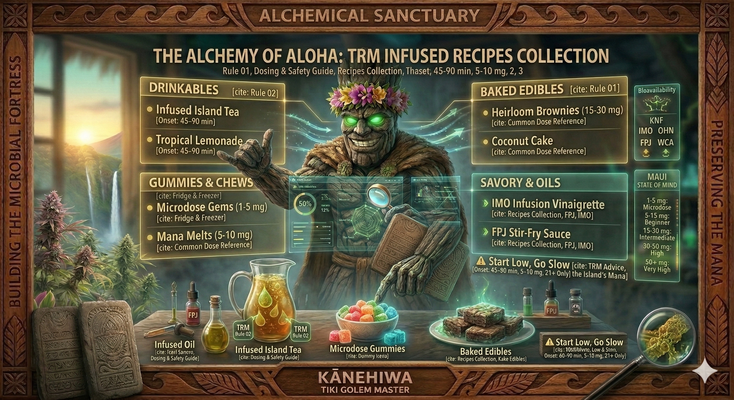 An educational graphic with Kānehiwa, the Tiki Golem Master, presenting a multi-panel holographic menu of TRM infused recipes. Categories include drinkables, gummies, baked edibles, and savory oils, each labeled with dosage metrics.